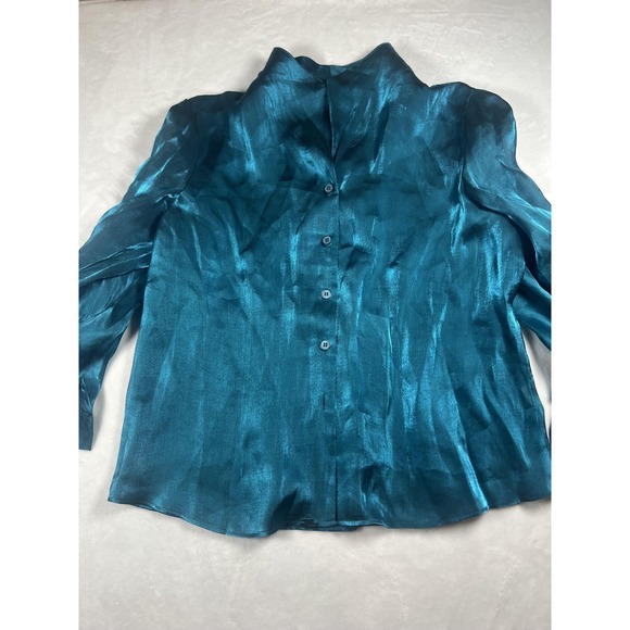 Source Unknown Tops - Joan Leslie Woman Blouse Womens 16W Blue Shiny Button Front Collared Evening Top